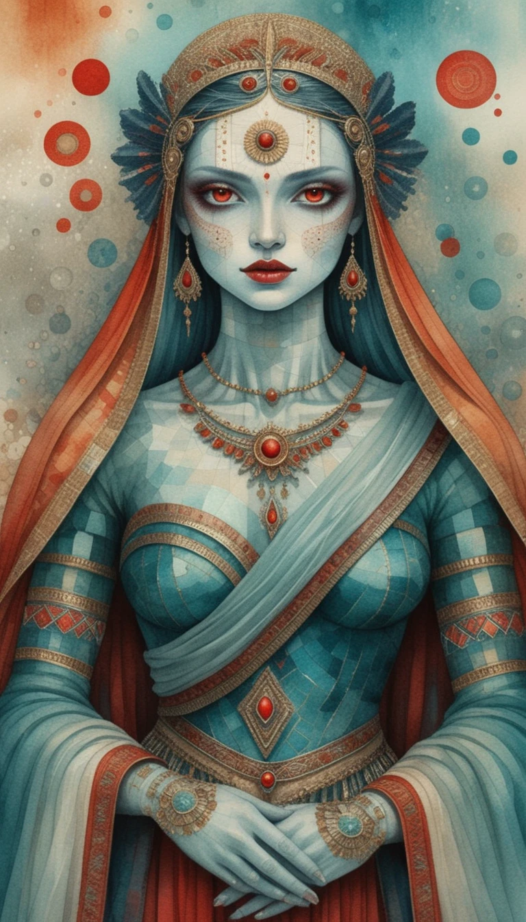 Surreal cyan skinned woman portrait in intricate collage
