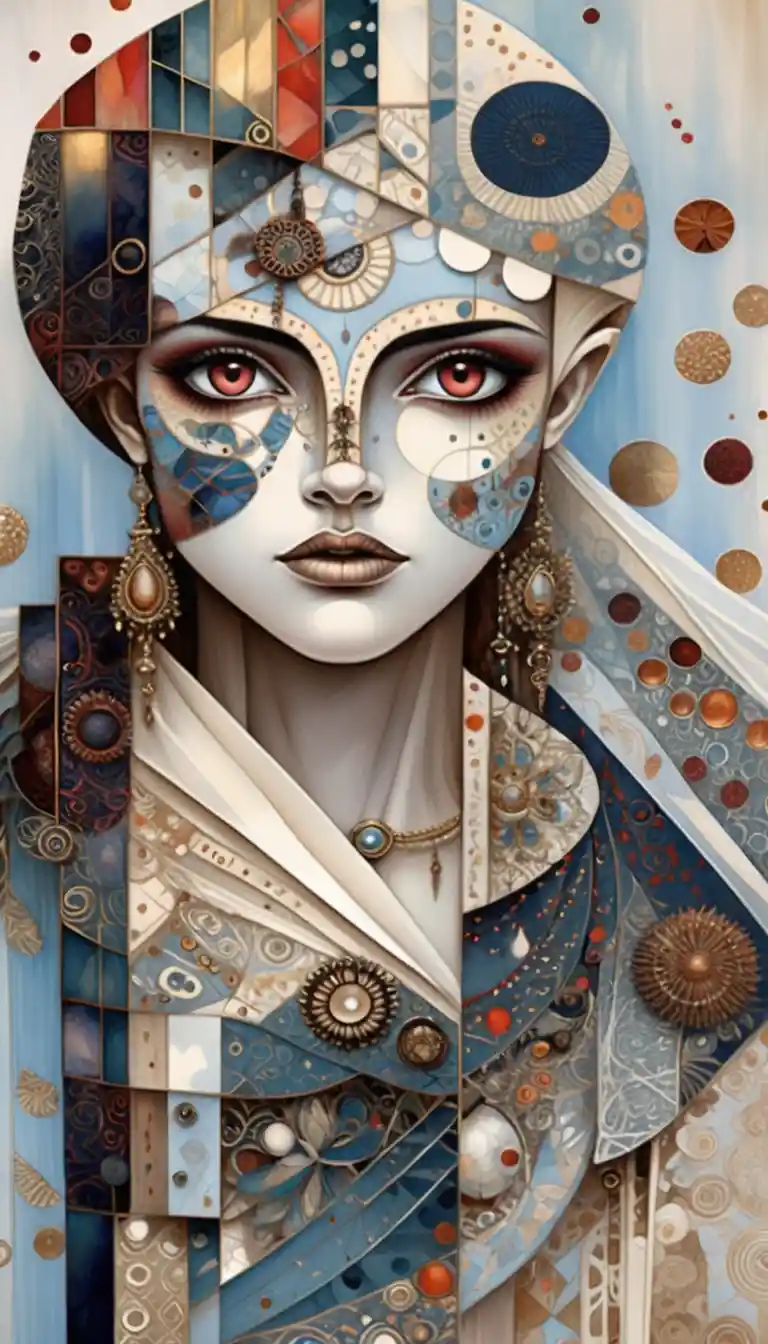 Surreal cyan skinned woman portrait in intricate collage