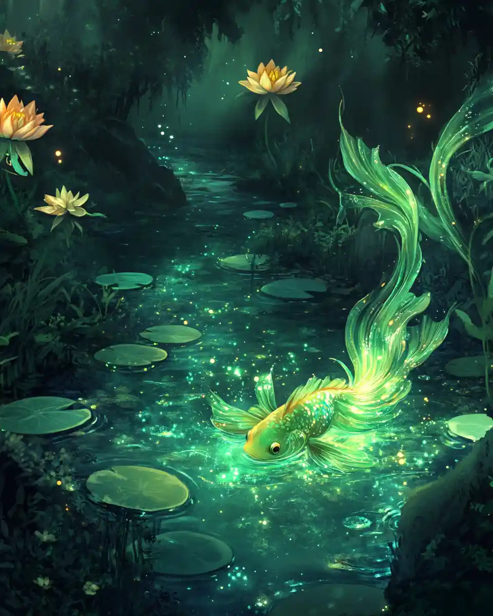 Whimsical water sprite in a glowing forest pond