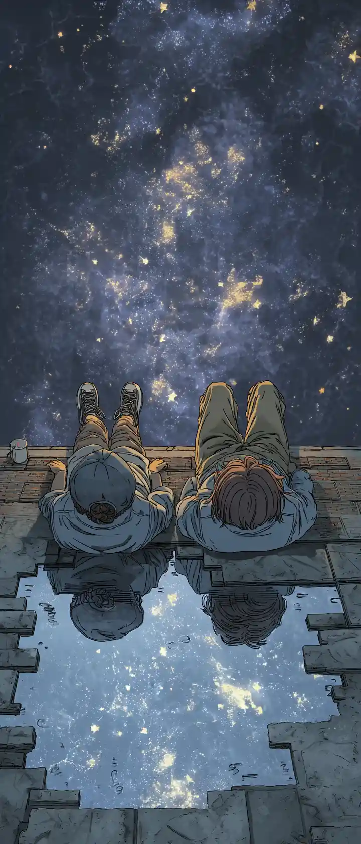 Two students stargazing on a quiet school rooftop at night