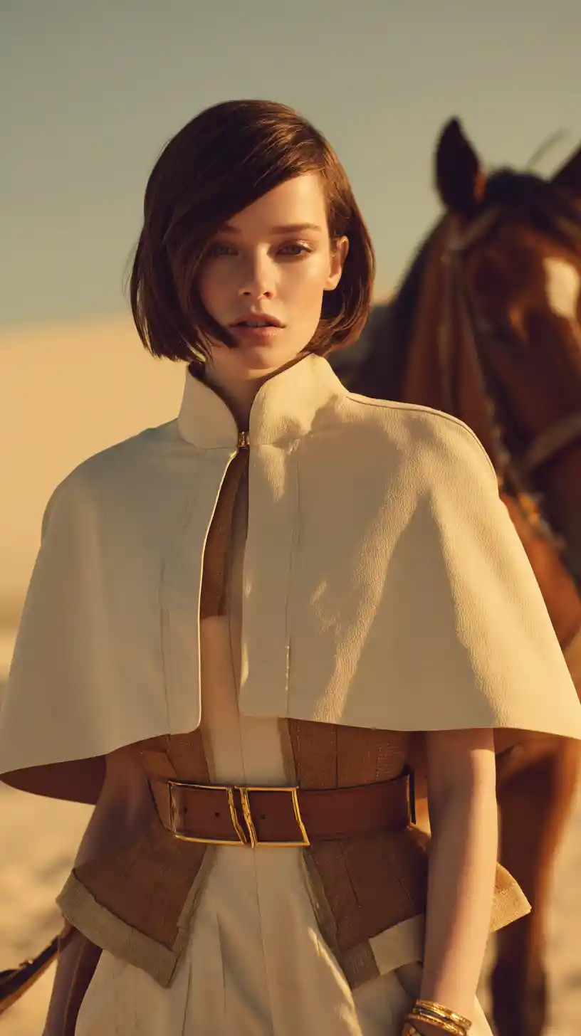 Elegant woman in cape walking through desert dunes