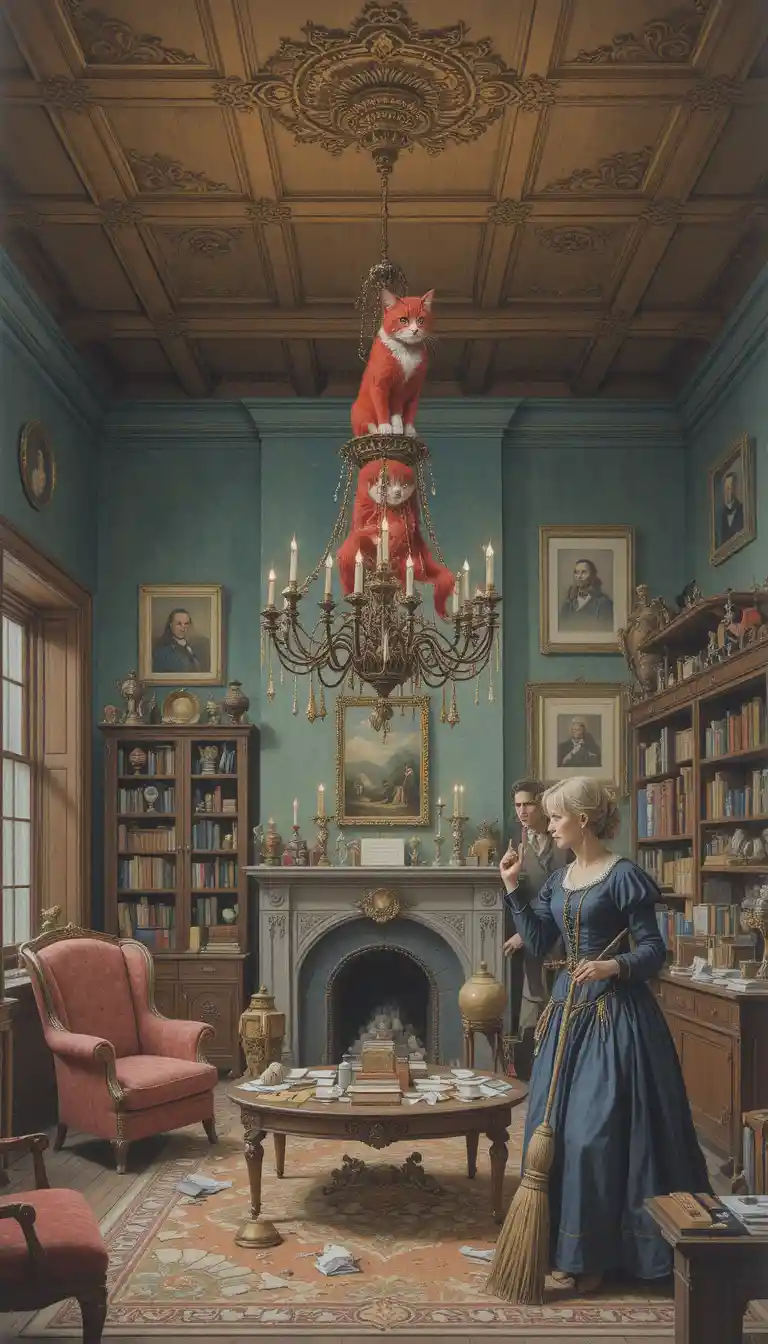 Gato vermelho empoleirado em um lustre em um quarto caótico