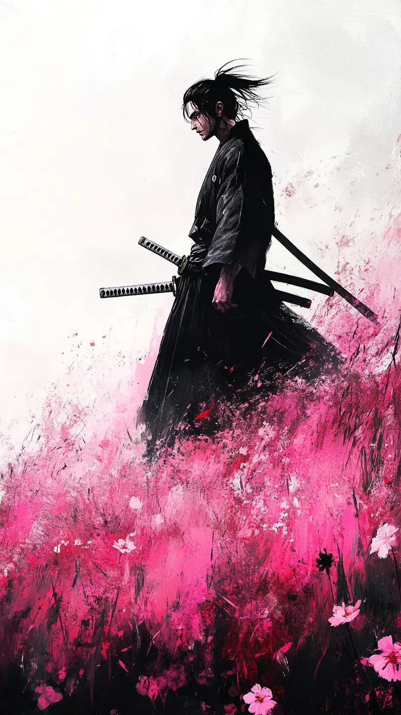 Samurai warrior walking through pink wildflower field