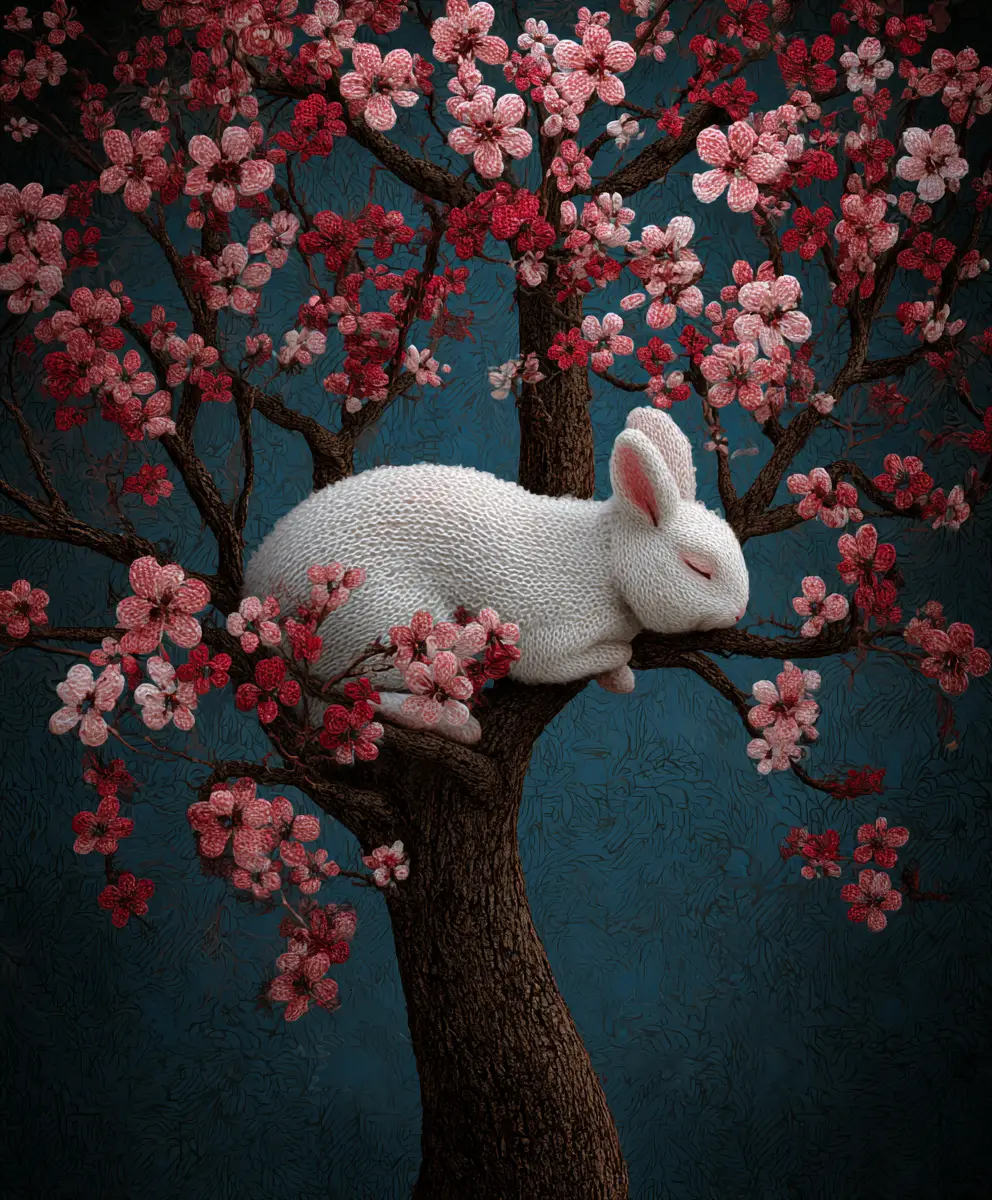 Sleeping white rabbit in a magical night forest