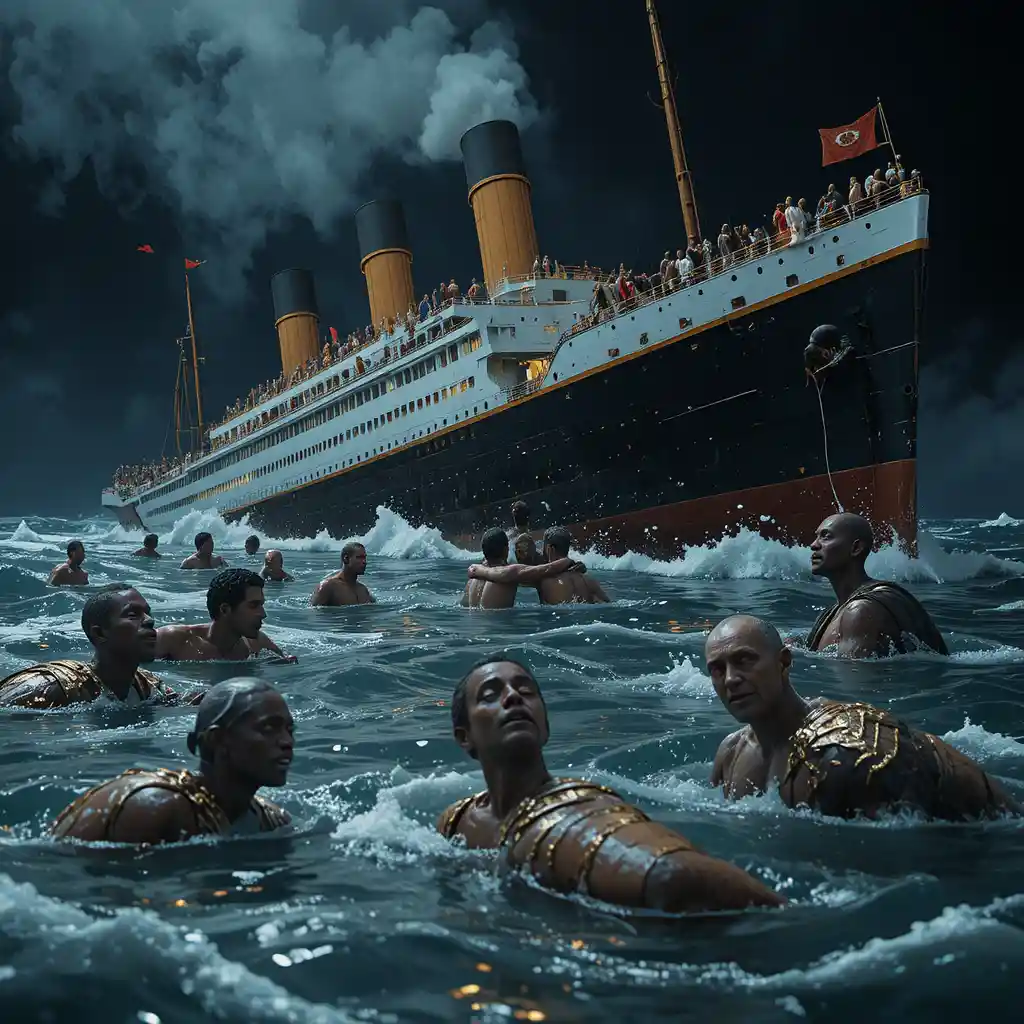 Transatlantico che affonda con persone che cadono nel mare oscuro