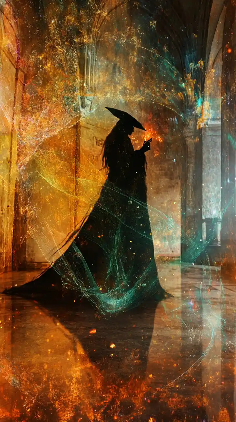 Surreal illusion of a wizard casting powerful magic