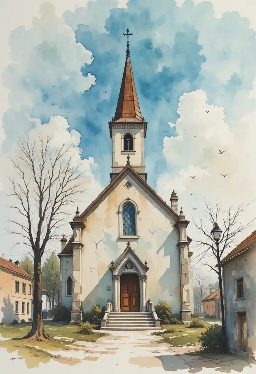 Lonely church standing silent in an empty town