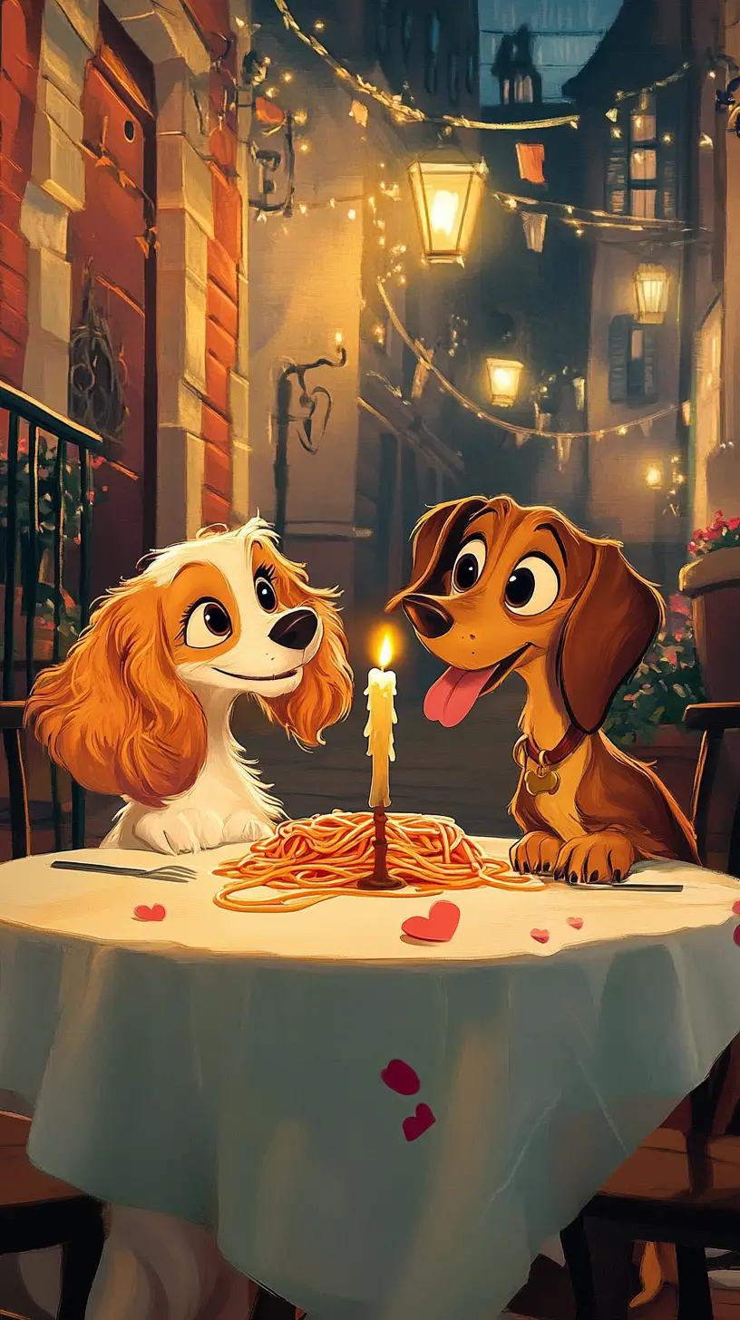 Romantic dog couple sharing spaghetti by candlelight