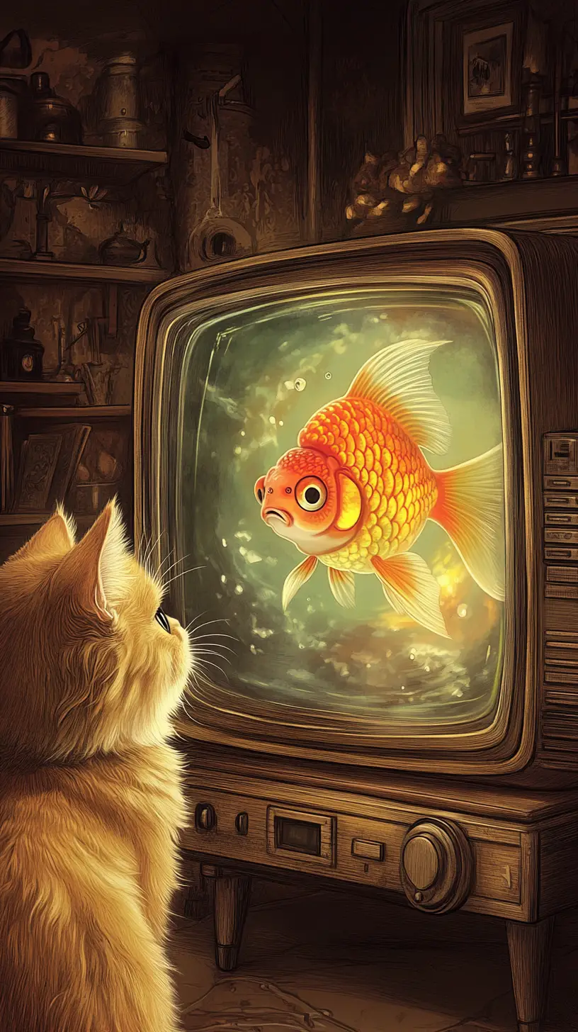 Curious ginger cat watching a goldfish on vintage tv
