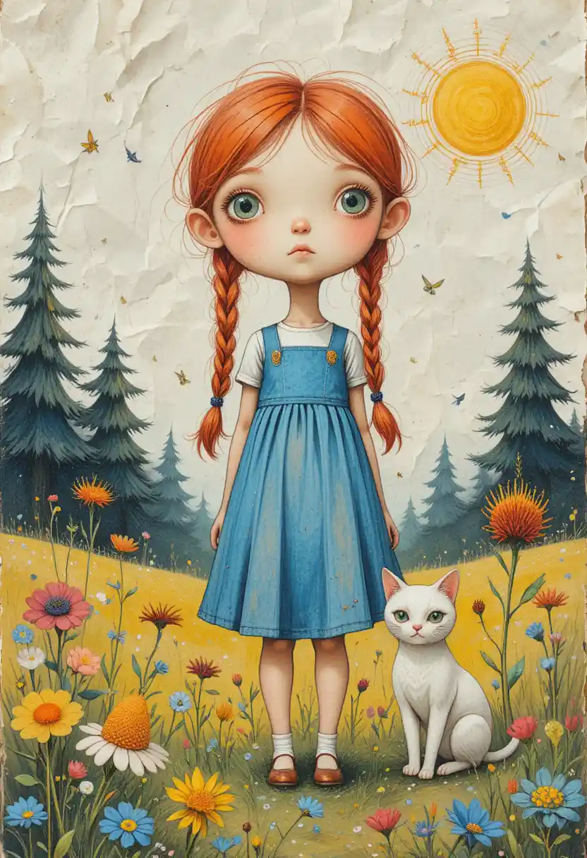 Red haired girl and white cat in a sunny meadow