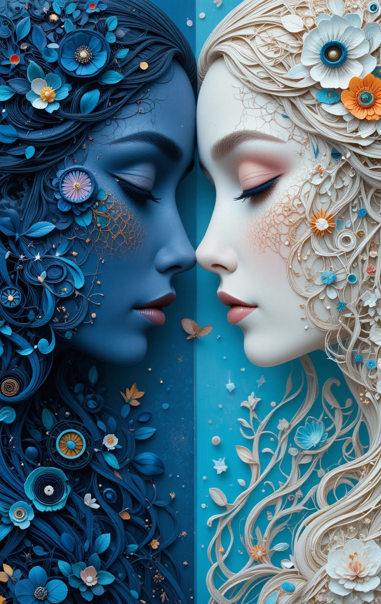 Perfiles cercanos surrealistas de dos mujeres en tonos azules de mosaico