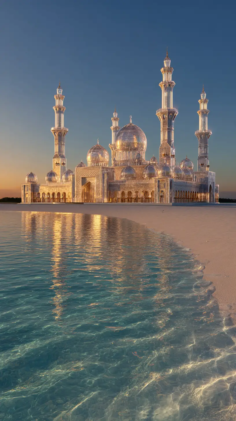 Crystal mosque on tranquil seashore at golden hour
