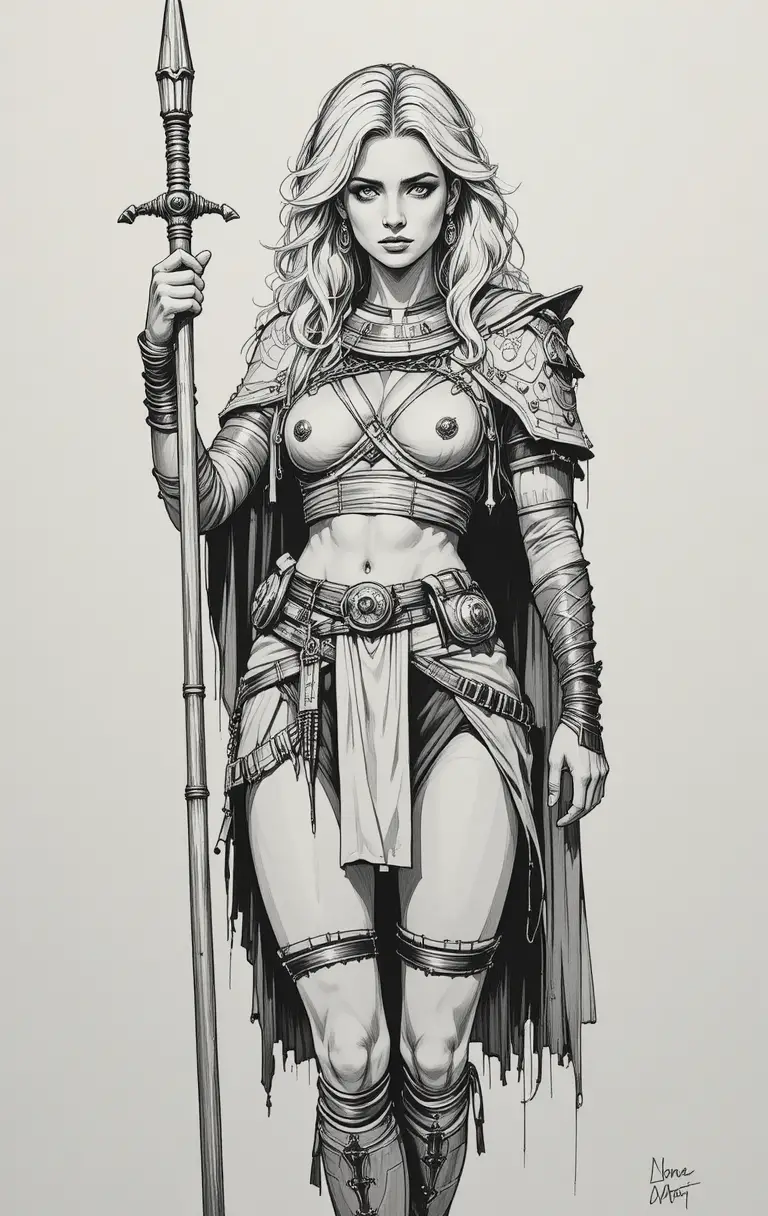 Fierce blonde warrior woman with shield and skull