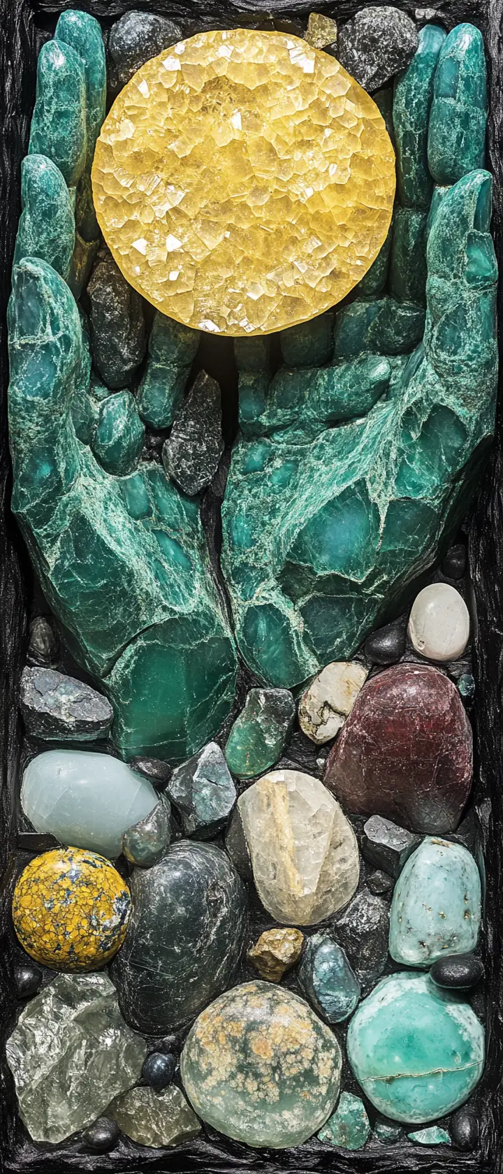 Fragmented gemstone figure carefully reassembled by other gems