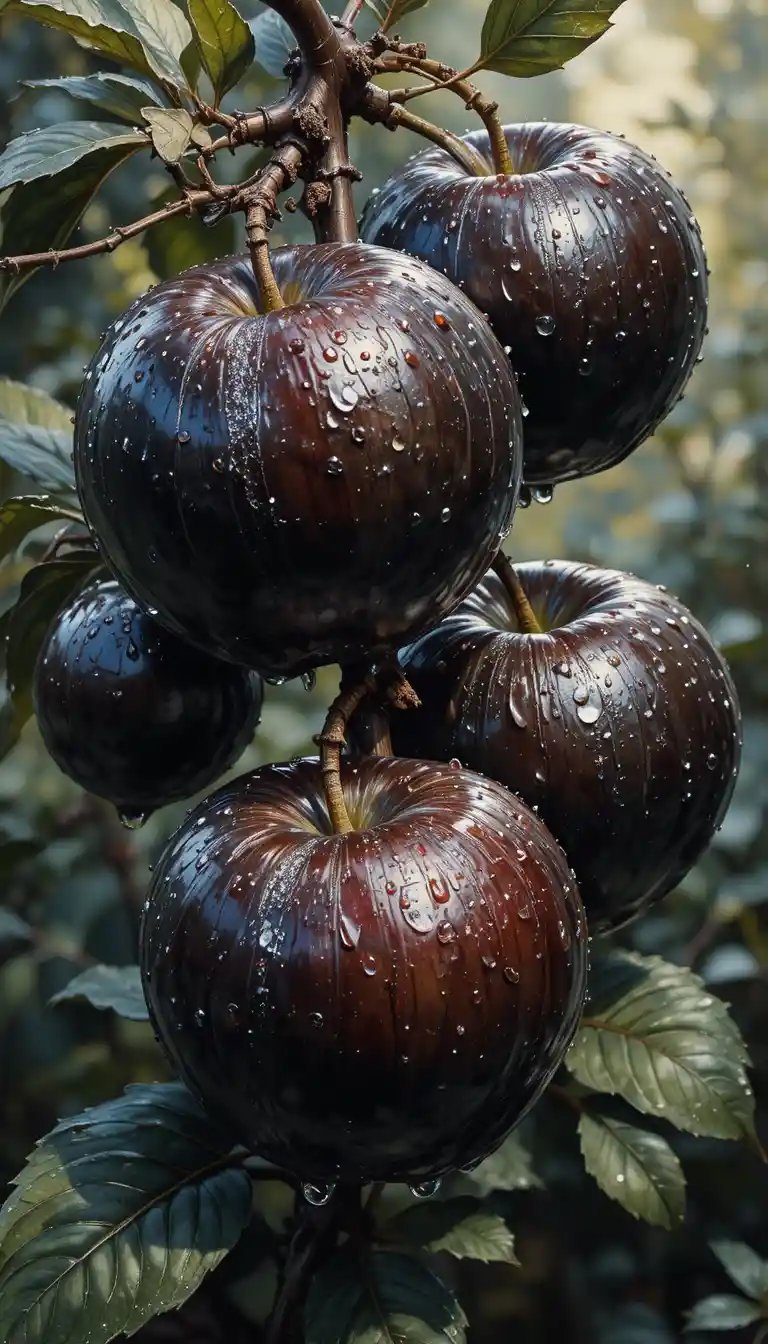 Black apples on a garden branch with shimmering water drops