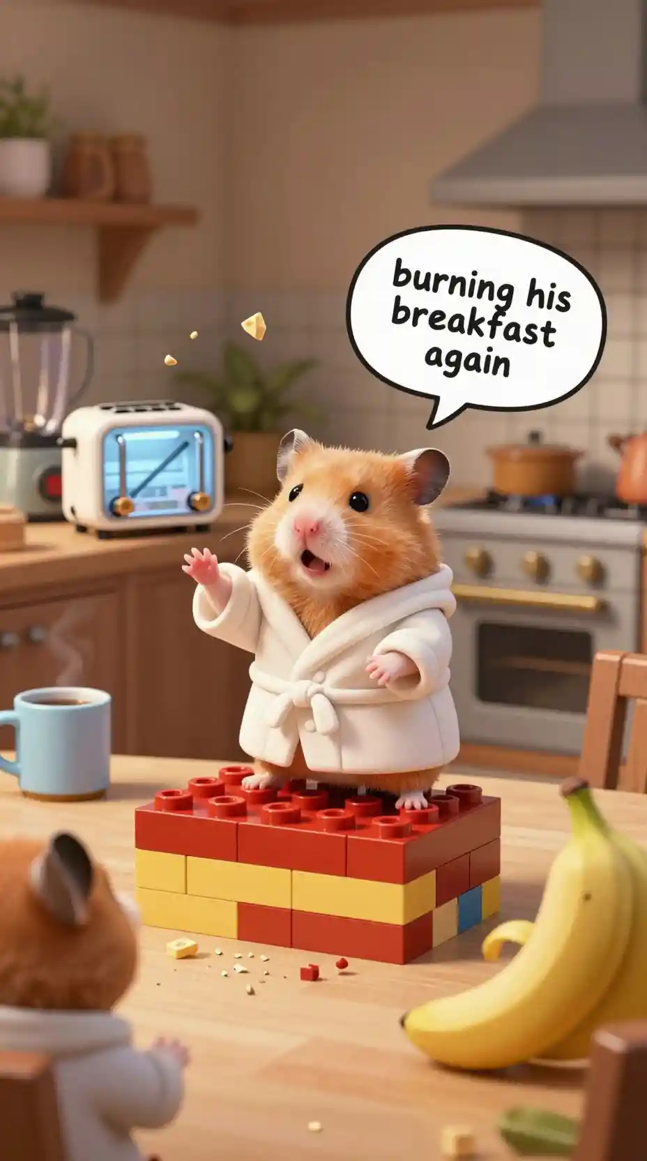 Hamster im Bademantel streitet mit Toaster in der Küche
