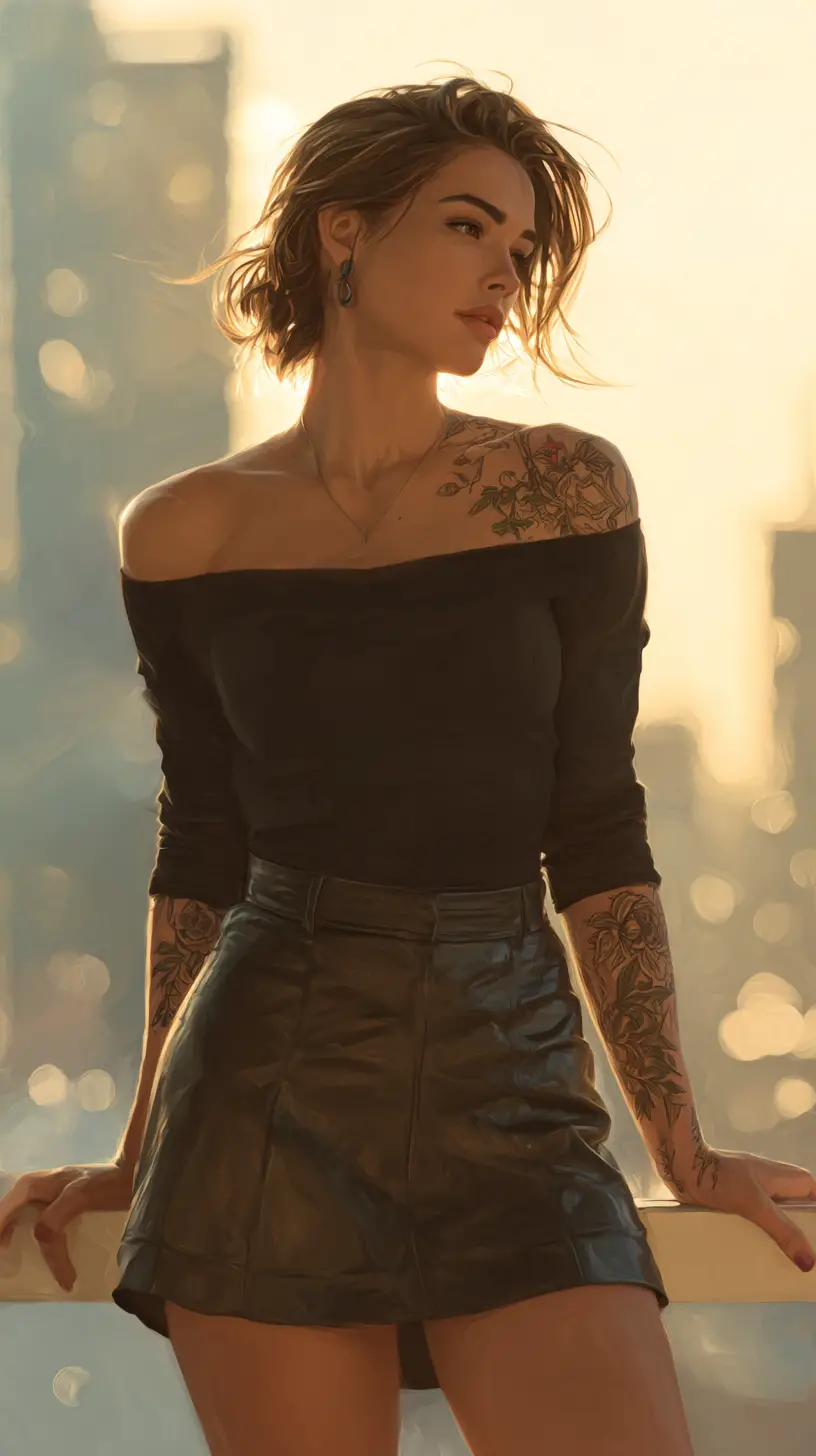 Athletic woman portrait in city at golden hour