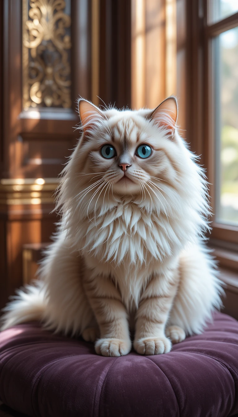 Gato persa blanco y esponjoso sobre un cojín de terciopelo a la luz del sol