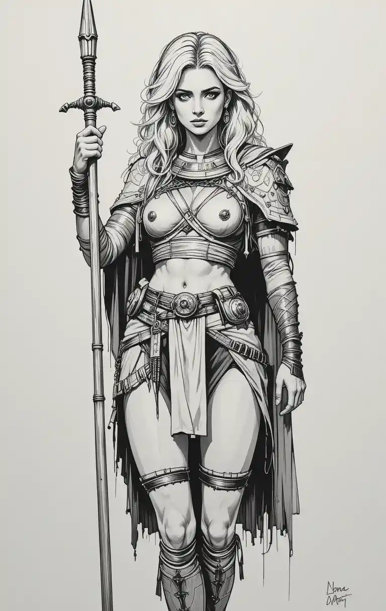Fierce blonde warrior woman with shield and skull