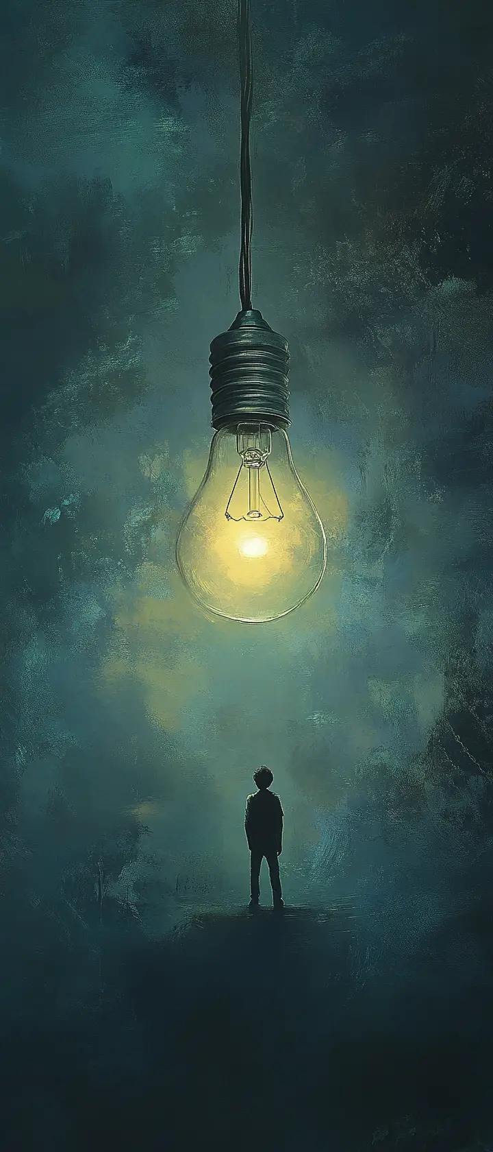 Glowing student lighting a dark floating classroom