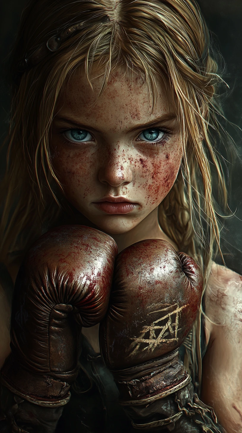 Determined young girl with bloody boxing gloves in shadow