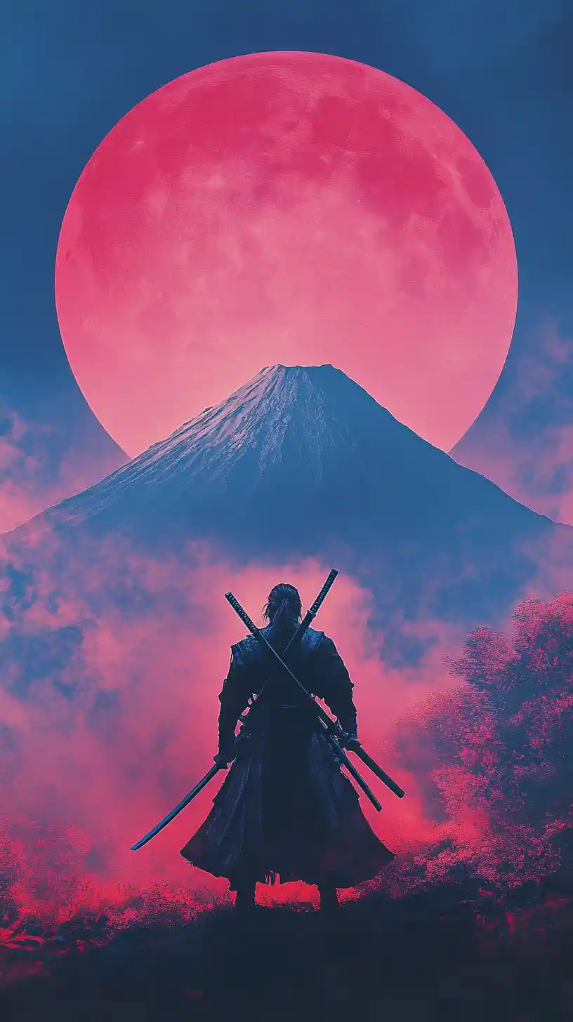 Lone samurai before a red moon and Mount Fuji