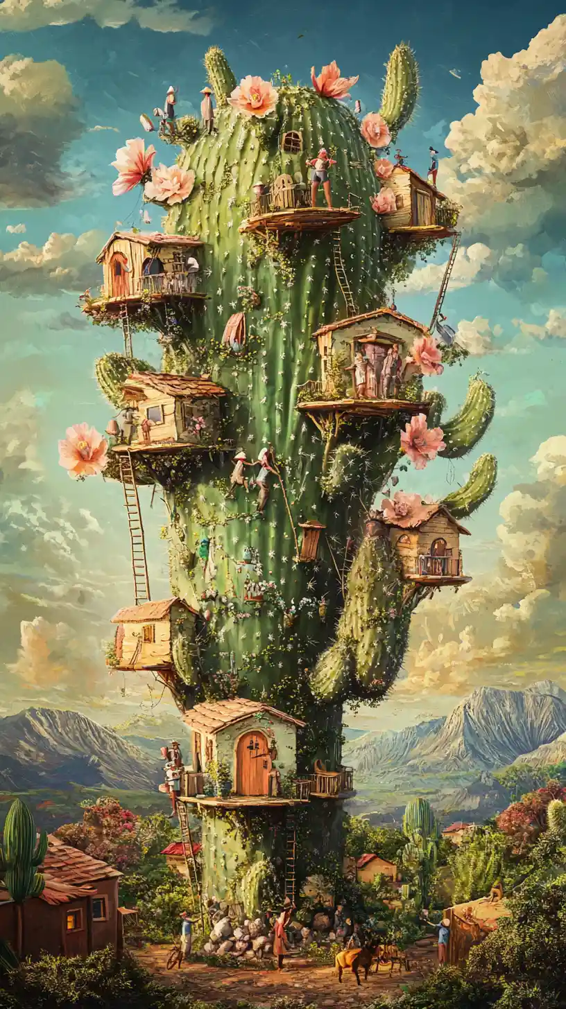 Giant cactus with blossoms and tiny treehouses in desert