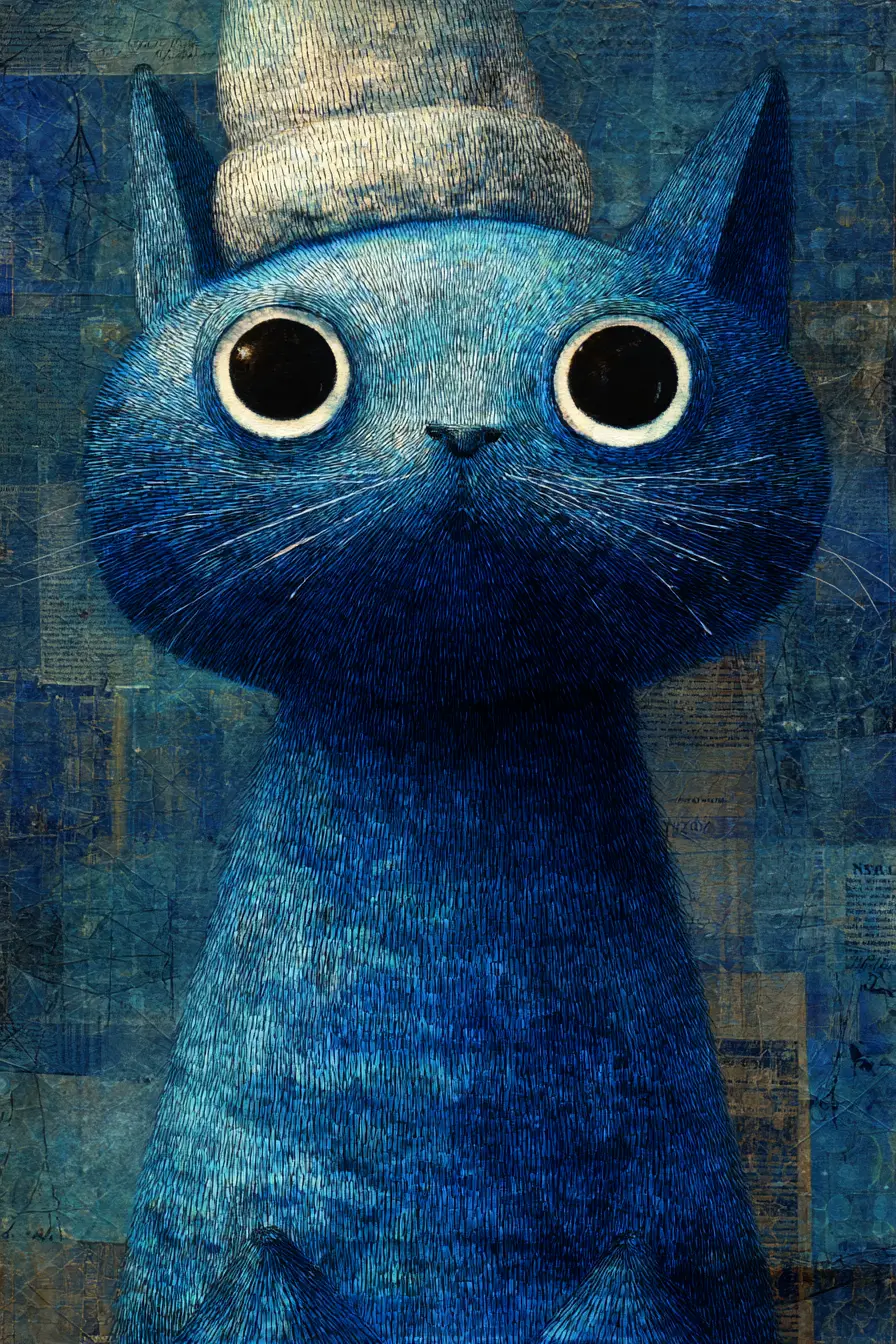 Anthropomorphic electric cat in whimsical mixed media collage