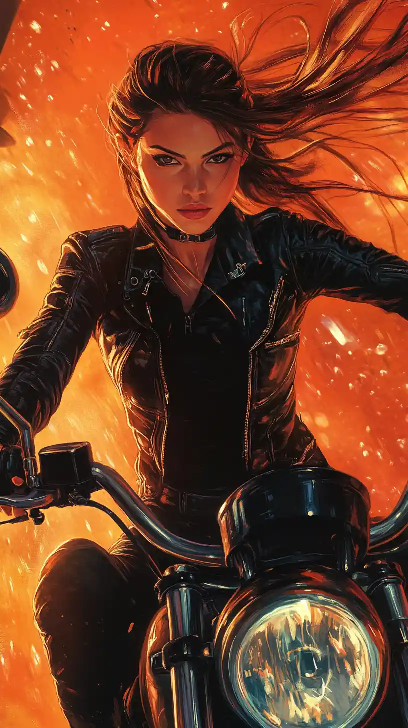 Woman warrior with katana on a futuristic motorcycle