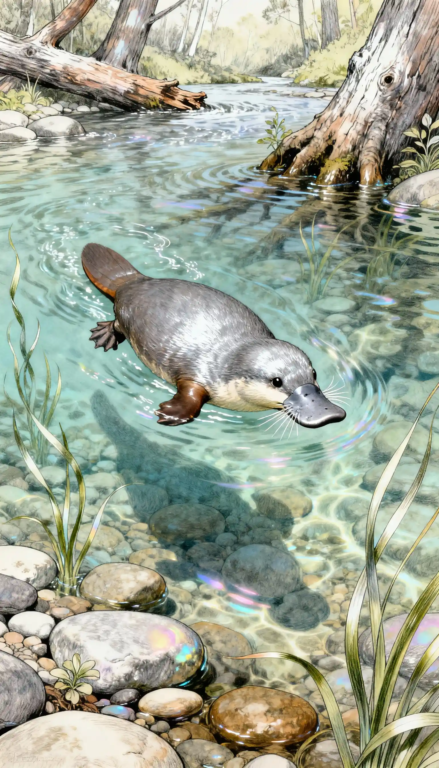 Schnabeltier schwimmt unter Wasser durch klaren Bach mit steinigem Grund