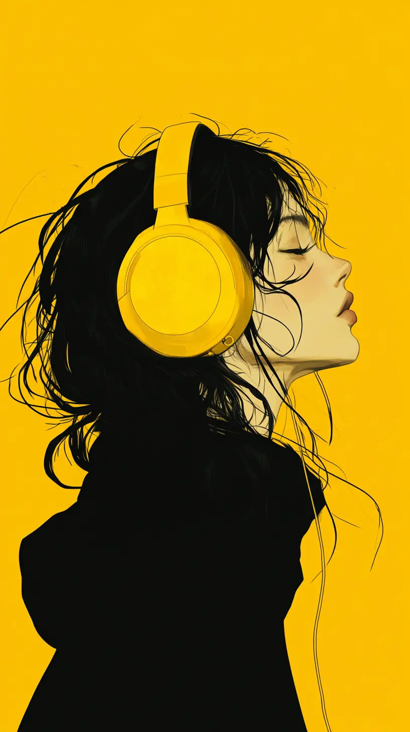 Girl In Yellow Headphones Listening With Eyes Closed
