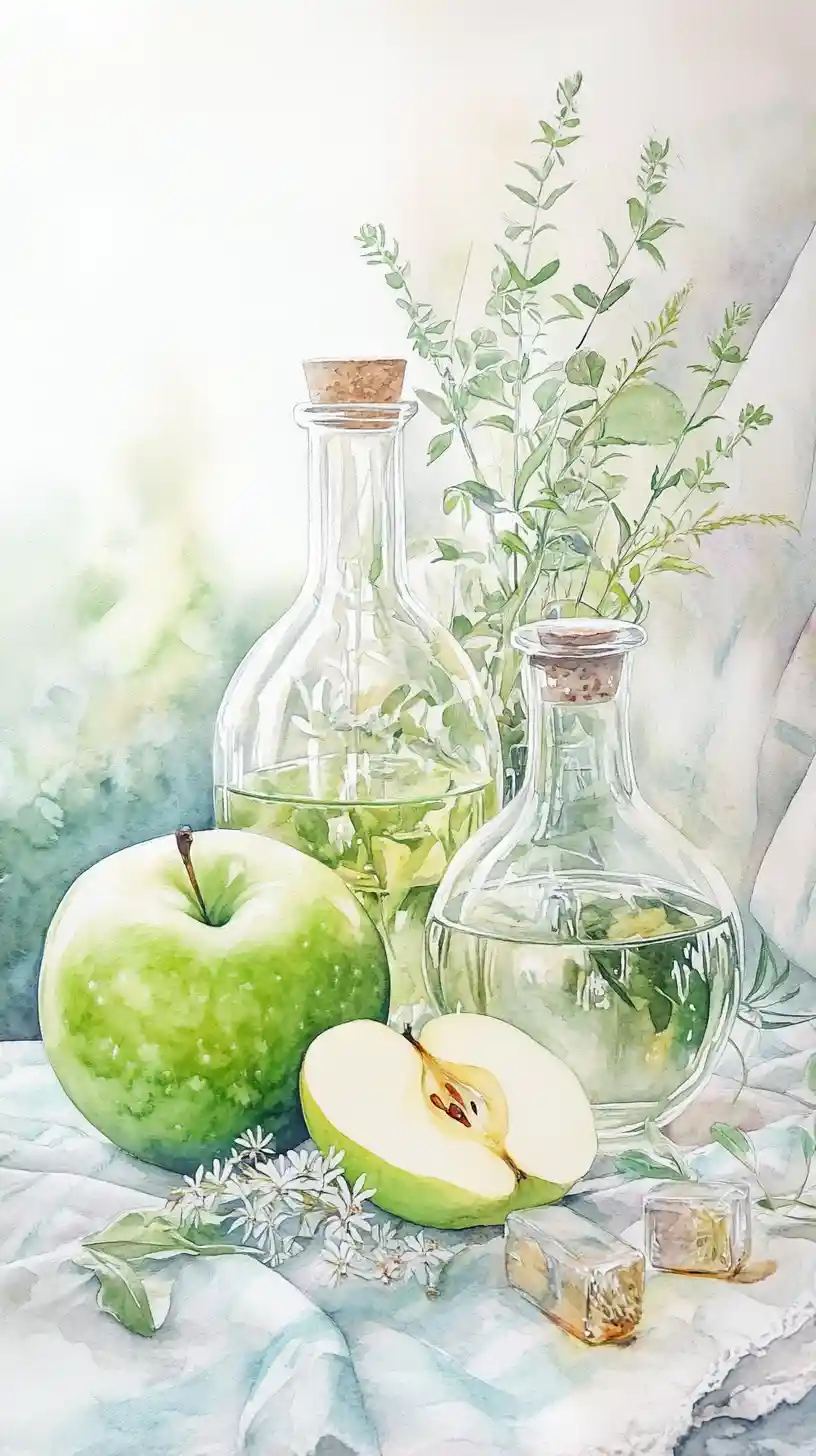 Watercolor still life with apples herbs and candle