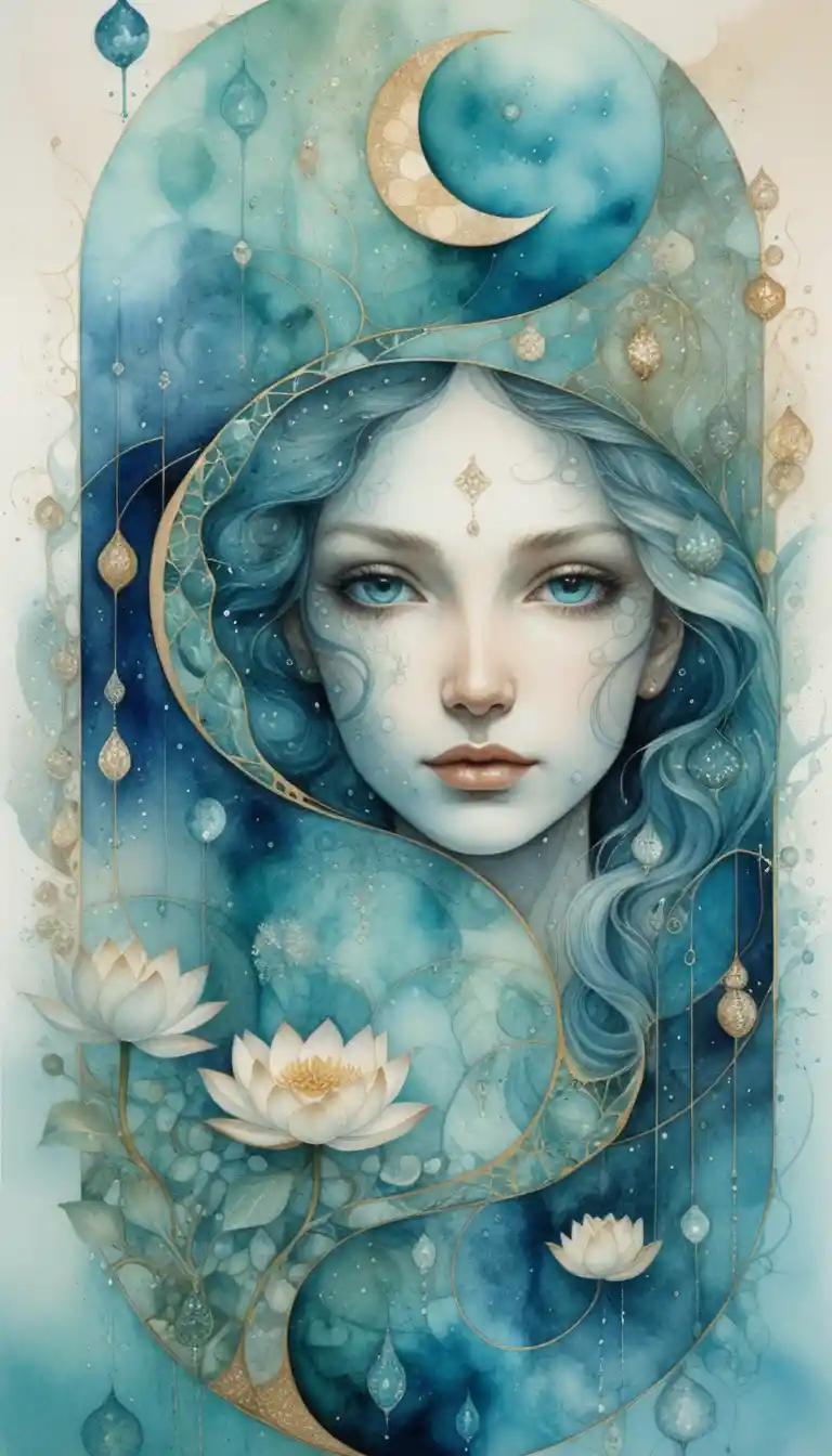 Ethereal Woman In Surreal Yin Yang Cosmic Water Scene