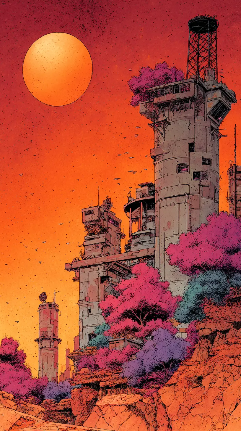 Vibrant manga city of towers and colorful trees
