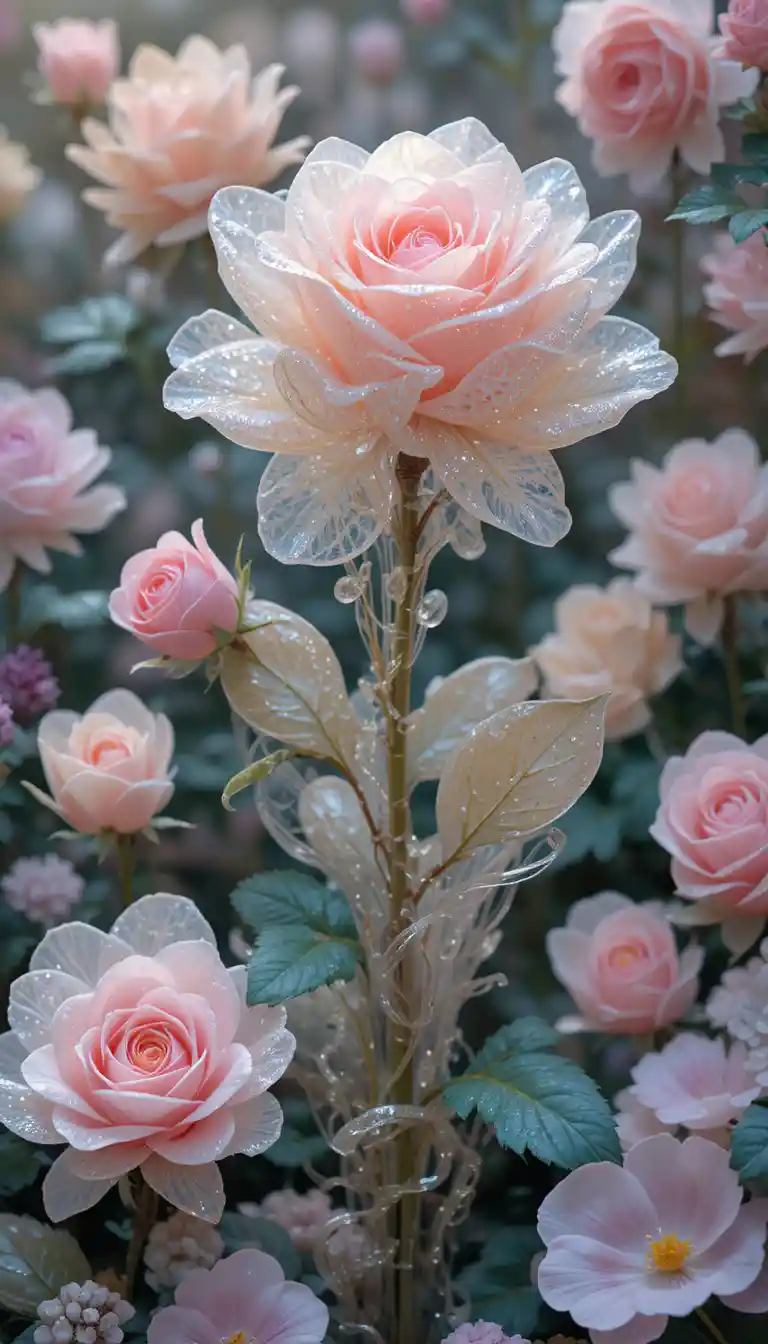 Petali di rosa macro e dettagli di vetro in un giardino rigoglioso