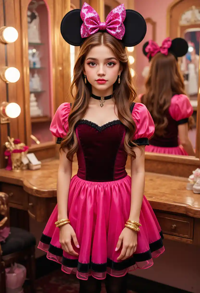 Tween boy in pink minnie dress at boutique vanity