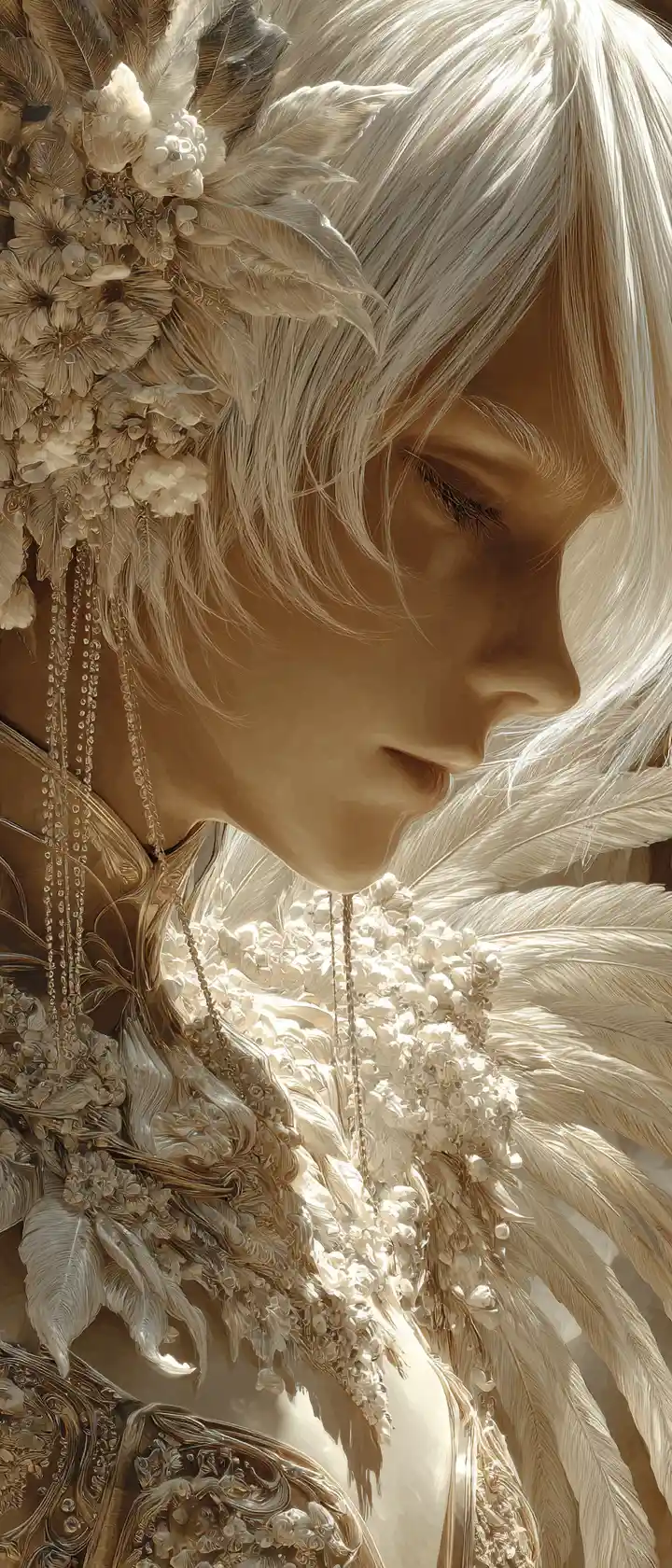 Angel with white hair on a celestial mountain garden