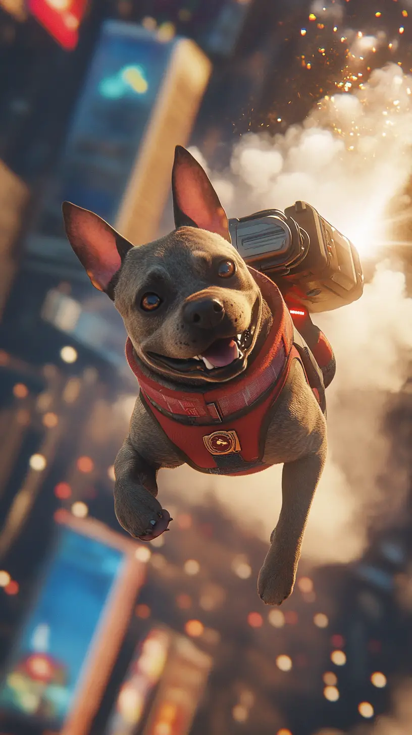 High tech spy dog with jetpack soaring through sky