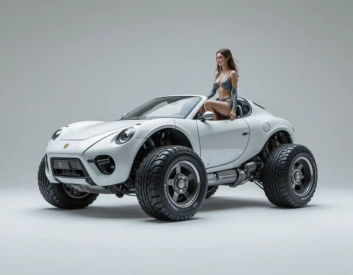 Futuristic hybrid car robot on large articulated tires