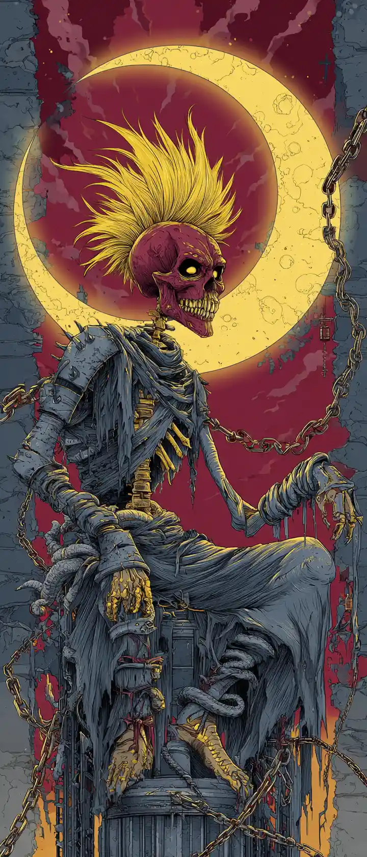 Gothic skeletal warrior with crimson skull in moonlit ruins