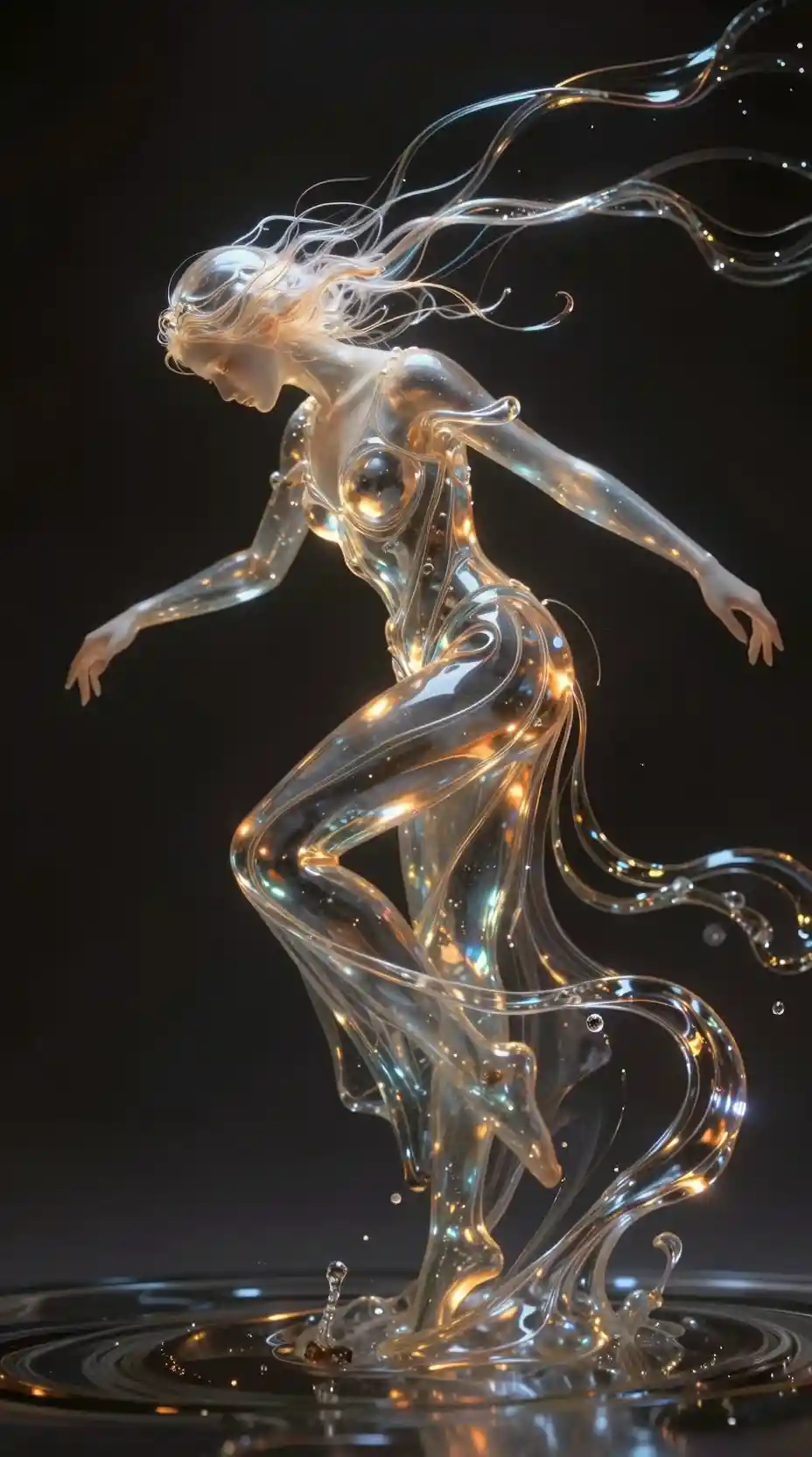 Donna di vetro e metallo liquido che si inchina in un movimento radiante