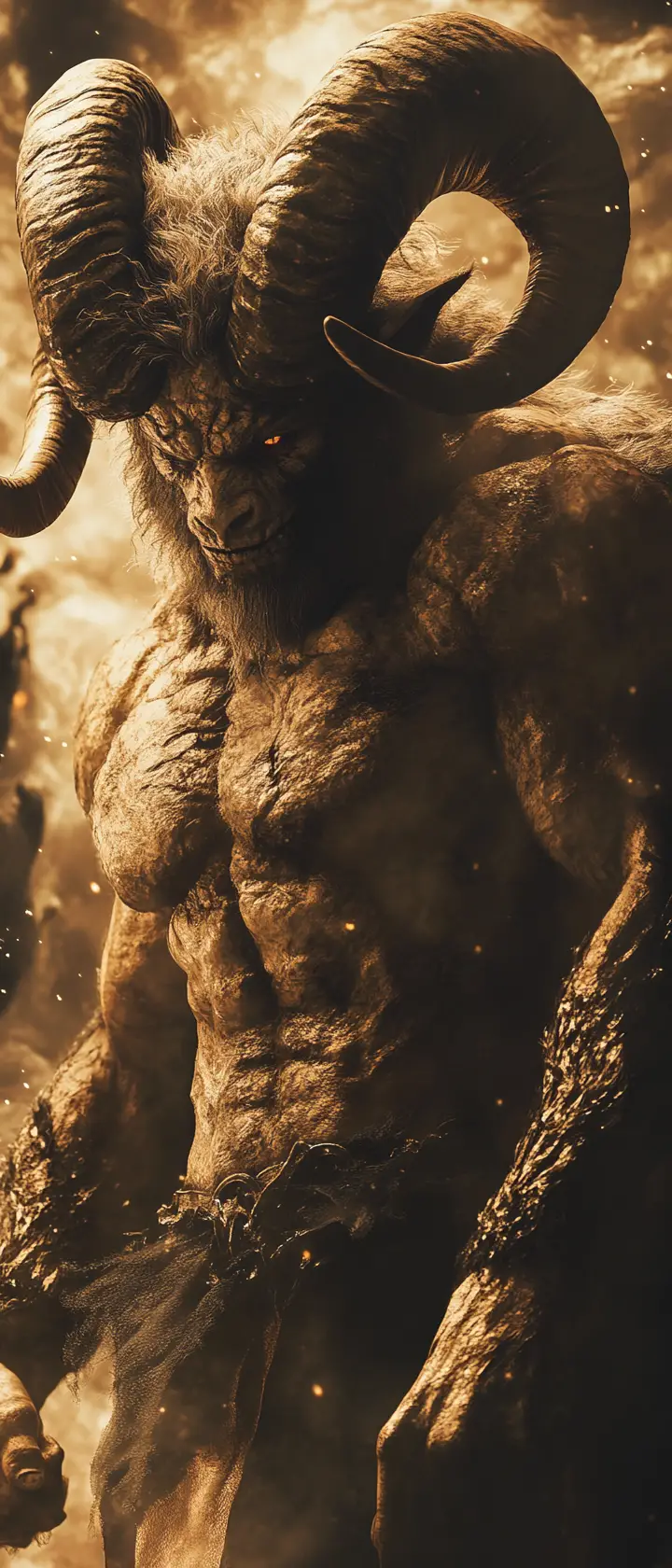 Brooding humanoid ram in dark fantasy anime portrait