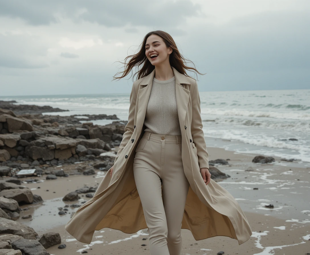 Laughing woman in trench coat on a windy rocky shore