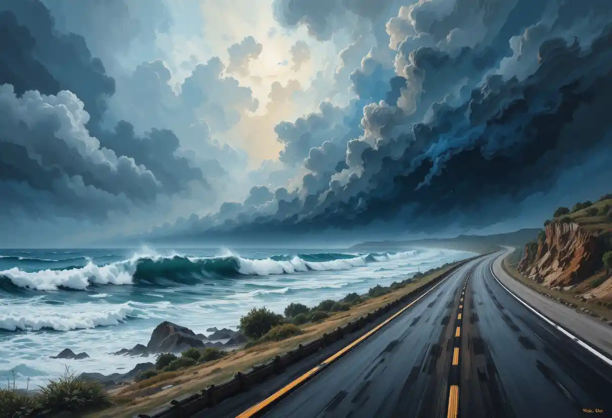 Nuages d’orage déchaînés au-dessus de la mer sombre et houleuse