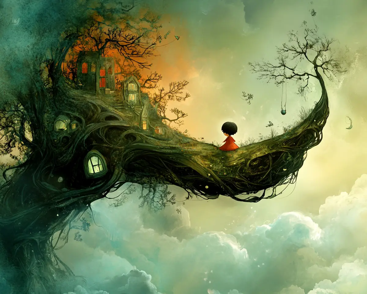 Tiny chibi hero in a whimsical surreal fantasy scene