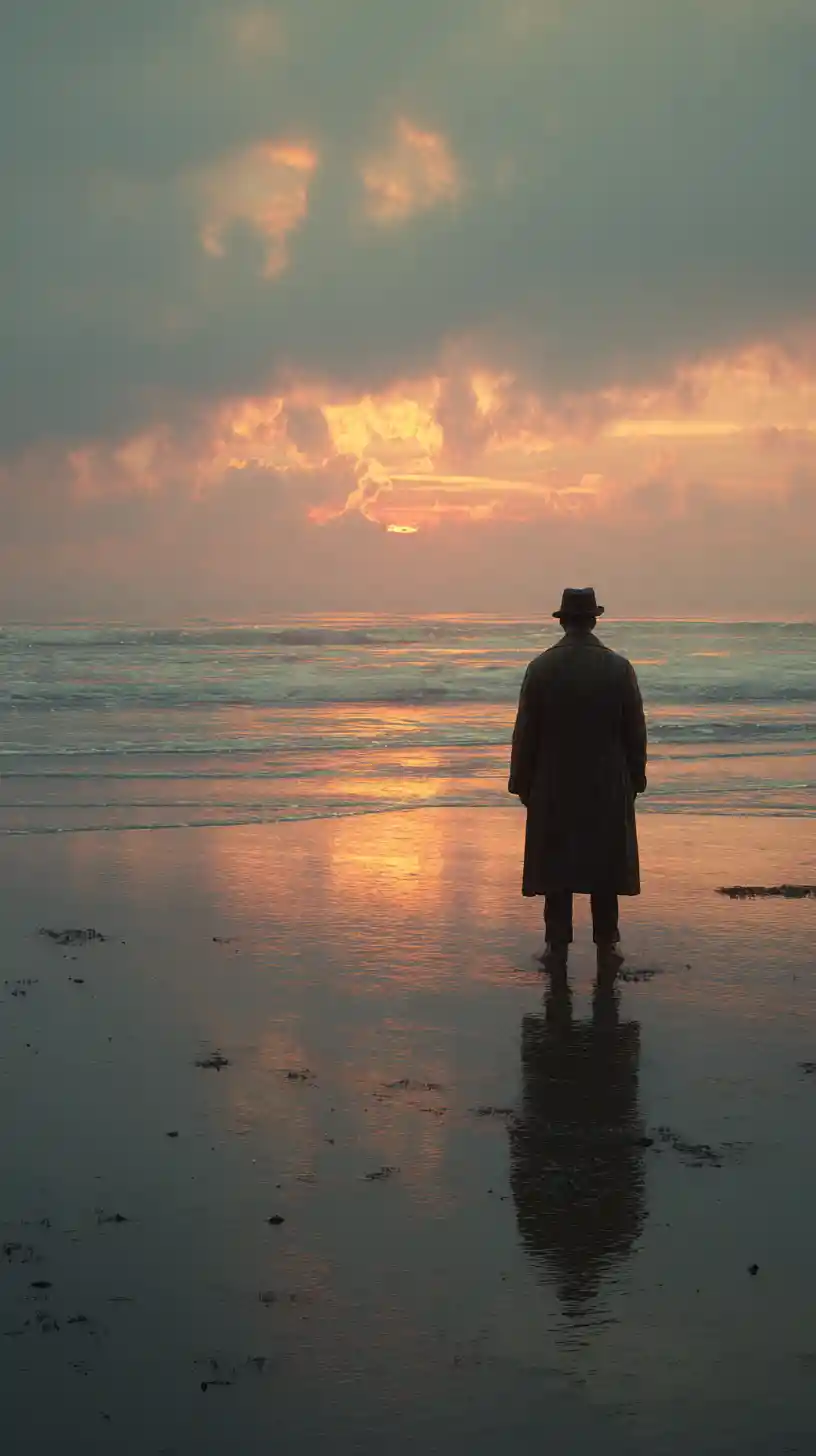 Lonely figure standing on a deserted beach at sunset