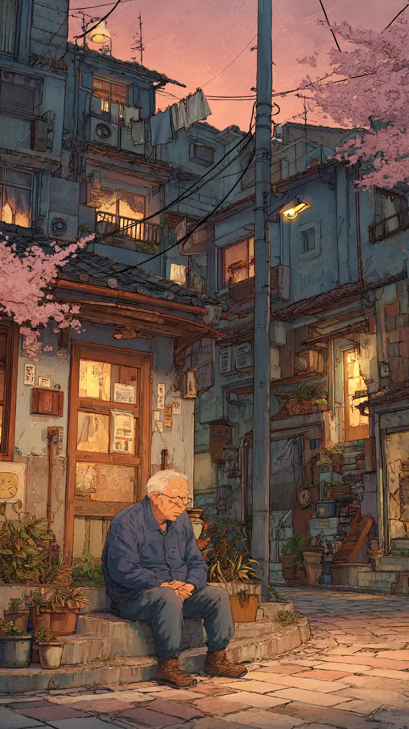 Elderly Man Resting On Quiet Tokyo Street At Sunset