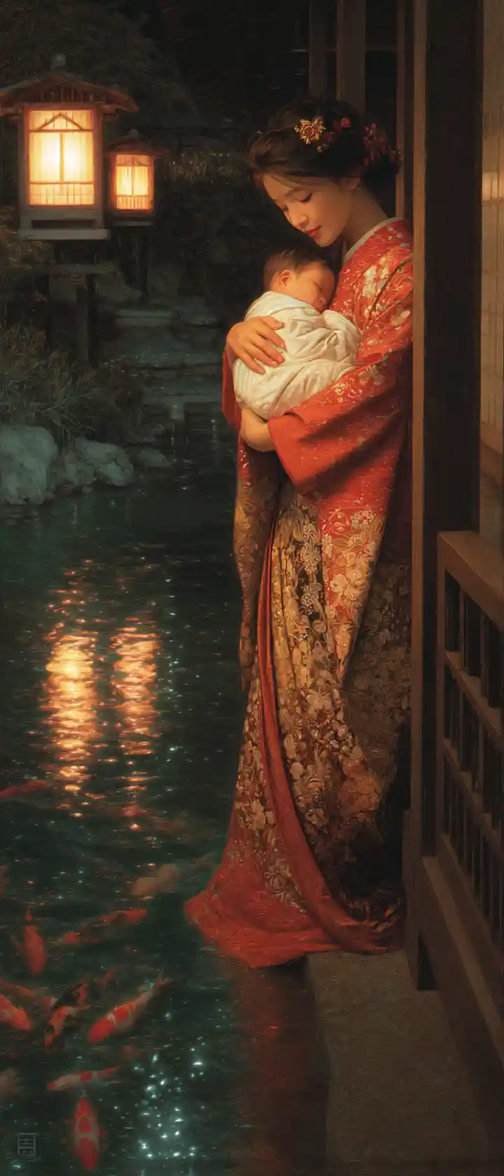 Young mother in kimono holding her newborn by koi pond