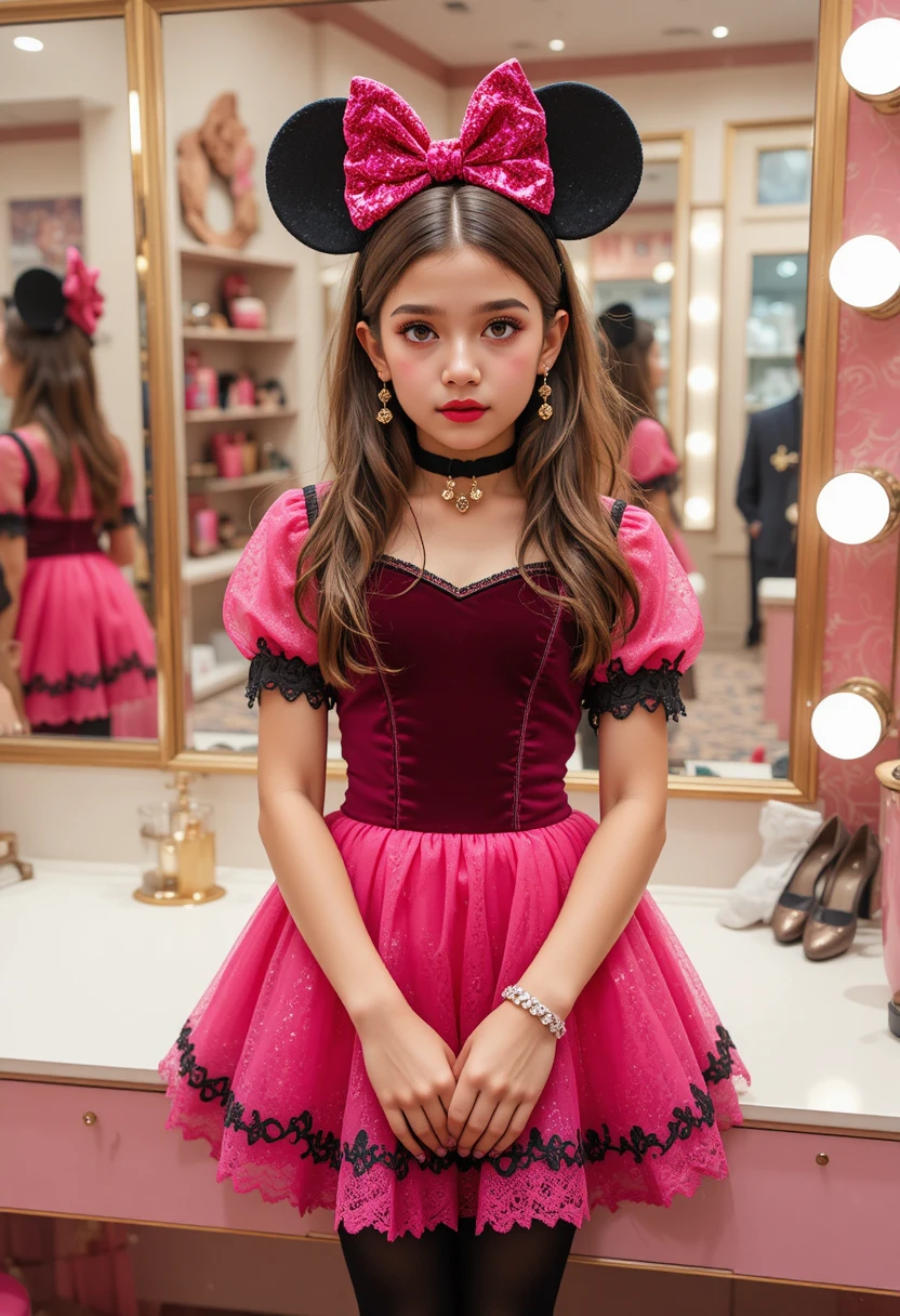 Junger Junge im rosa Minnie-Kleid an der Boutique-Vanity