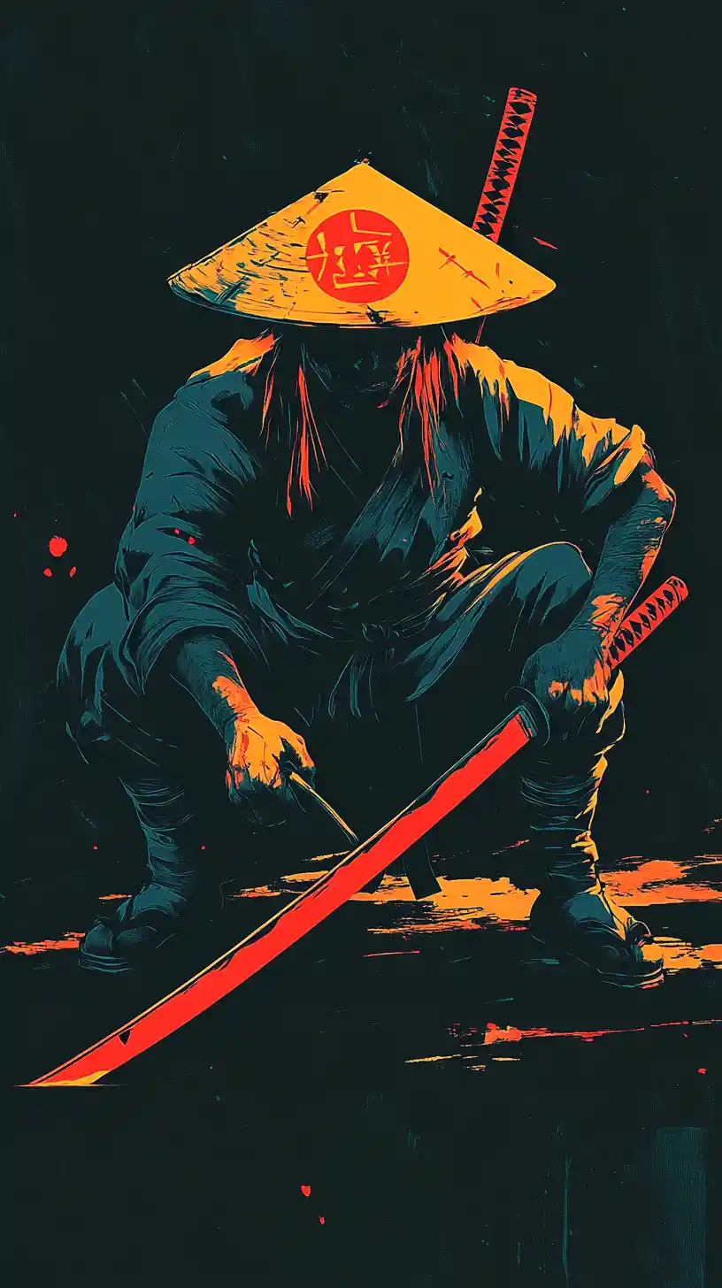 Stoic warrior crouching with glowing katana in shadows
